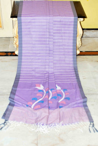 Woven Khes Work Authentic Khaddar Cotton Jamdani Saree in Lavender and Off White