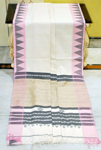Crowned Temple Border Soft Cotton Jamdani Saree with Tussar Gicha Work Pallu in Off White, Oil Black and Frosted Pink