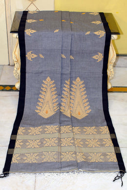 Poth Border Double Warp Karat Neddle Jamdani Work Cotton Bomkai Saree in Gray, Black, Beige and Amber Yellow