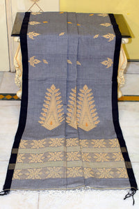 Poth Border Double Warp Karat Neddle Jamdani Work Cotton Bomkai Saree in Gray, Black, Beige and Amber Yellow