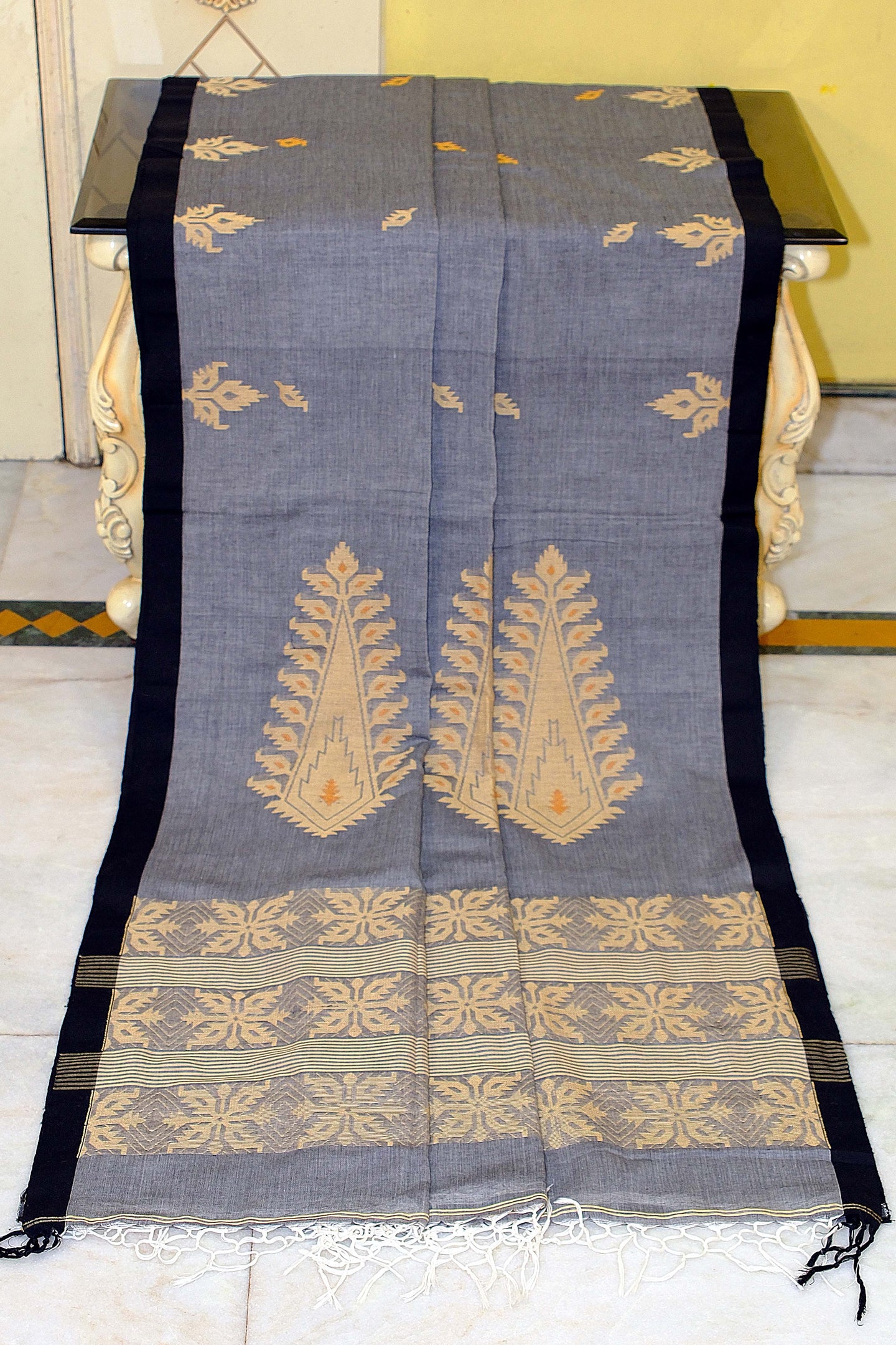Poth Border Double Warp Karat Neddle Jamdani Work Cotton Bomkai Saree in Gray, Black, Beige and Amber Yellow