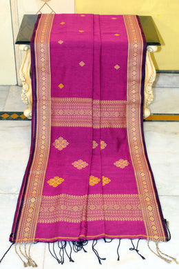Premium Quality Double Warp Soft Pure Cotton Bomkai Saree in Jazzberry Jam, Beige and Ligtining Yellow