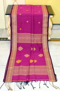 Premium Quality Double Warp Soft Pure Cotton Bomkai Saree in Jazzberry Jam, Beige and Ligtining Yellow