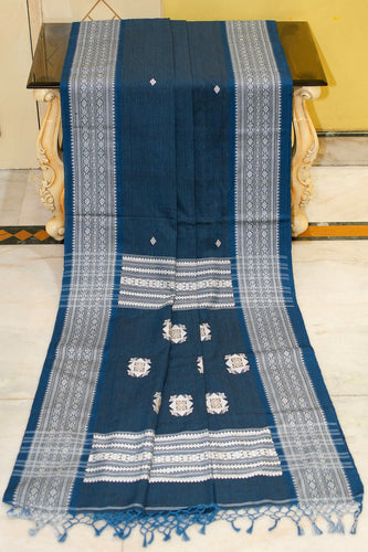 Premium Quality Double Warp Soft Pure Cotton Bomkai Saree in Regal Blue, Off White and Beige
