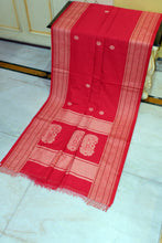 Premium Quality Double Warp Soft Pure Cotton Bomkai Saree in Cardinal Red and Beige