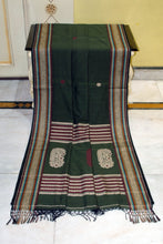 Assamese Nakshi Motif Work Inspired Pure Cotton Kalakshetra Saree in Military Green, Beige and Multicolored