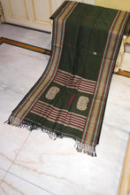 Assamese Nakshi Motif Work Inspired Pure Cotton Kalakshetra Saree in Military Green, Beige and Multicolored
