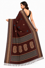Assamese Nakshi Motif Work Inspired Pure Cotton Kalakshetra Saree in Cocoa Bean, Beige and Multicolored
