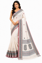 Assamese Nakshi Motif Work Inspired Pure Cotton Kalakshetra Saree in Off White, Black and Multicolored