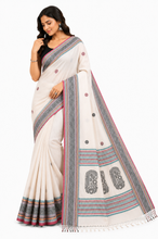 Assamese Nakshi Motif Work Inspired Pure Cotton Kalakshetra Saree in Off White, Black and Multicolored