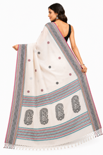 Assamese Nakshi Motif Work Inspired Pure Cotton Kalakshetra Saree in Off White, Black and Multicolored