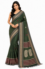 Assamese Nakshi Motif Work Inspired Pure Cotton Kalakshetra Saree in Military Green, Beige and Multicolored