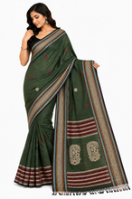 Assamese Nakshi Motif Work Inspired Pure Cotton Kalakshetra Saree in Military Green, Beige and Multicolored