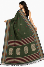 Assamese Nakshi Motif Work Inspired Pure Cotton Kalakshetra Saree in Military Green, Beige and Multicolored