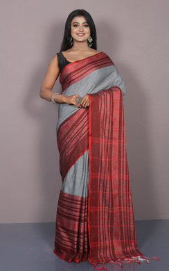 Skirt Nakshi Work Soft Cotton Saree in Grey and Rust Brown