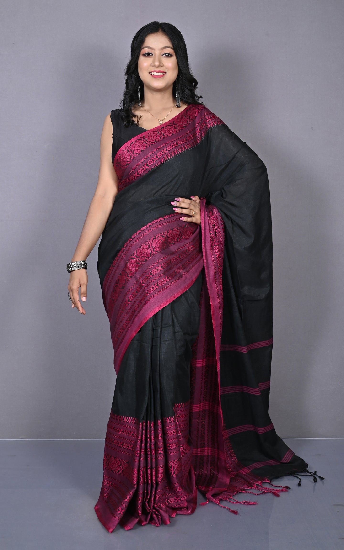 Skirt Nakshi Work Soft Cotton Saree in Black and Cerise Pink