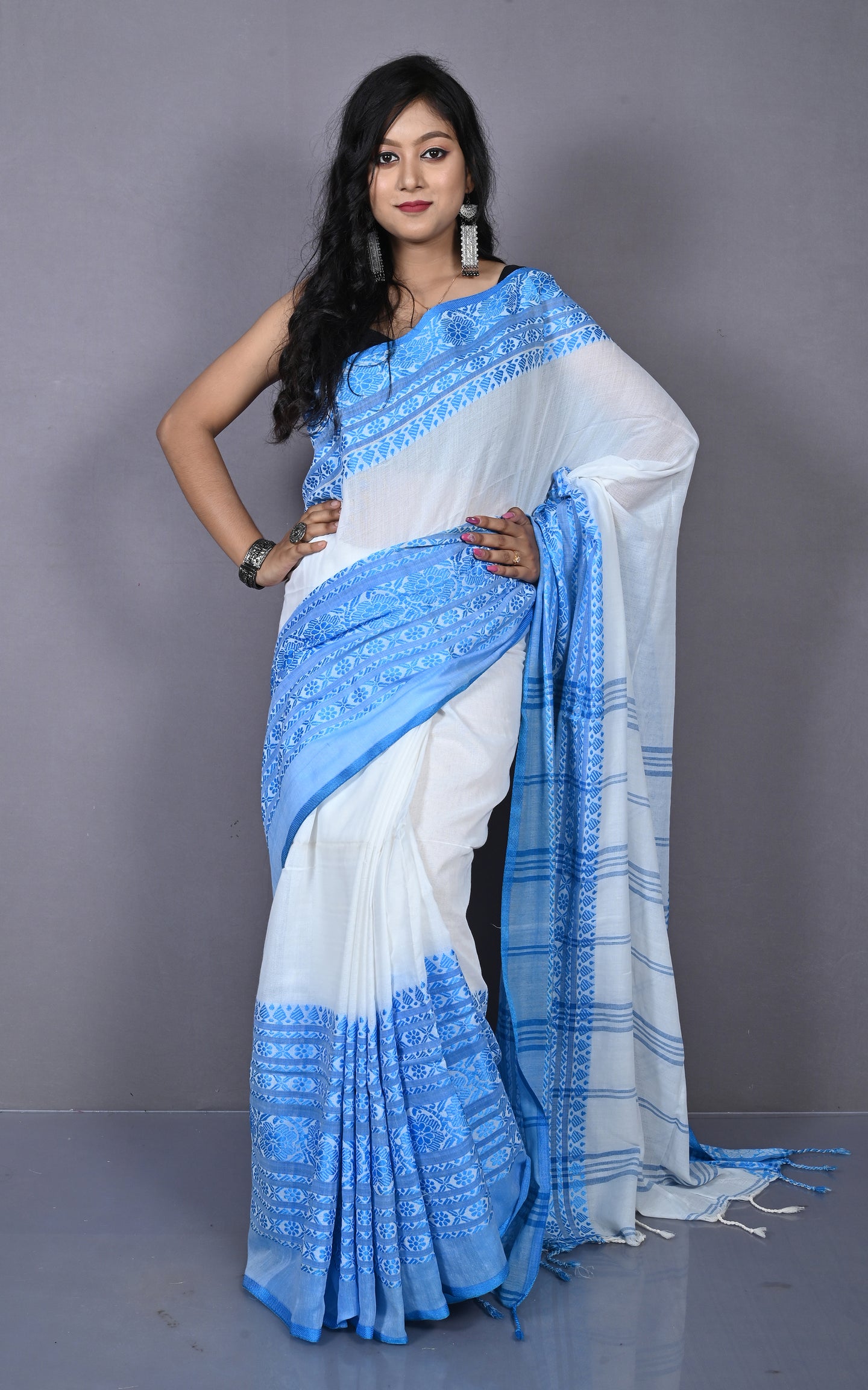 Skirt Nakshi Work Soft Cotton Saree in Off White and Blue