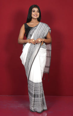 Skirt Nakshi Work Soft Cotton Saree in White and Black