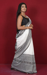 Skirt Nakshi Work Soft Cotton Saree in White and Black