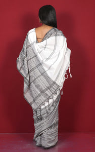 Skirt Nakshi Work Soft Cotton Saree in White and Black