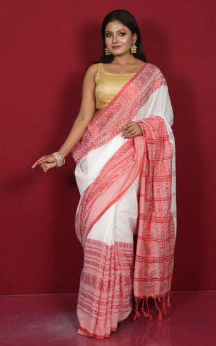 Skirt Nakshi Work Soft Cotton Saree in White and Red