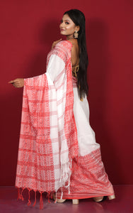 Skirt Nakshi Work Soft Cotton Saree in White and Red