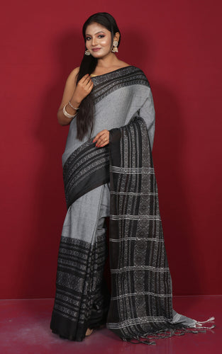 Skirt Nakshi Work Soft Cotton Saree in Grey and Black