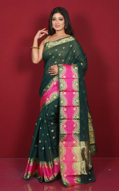 Bengal Handoom Soft Khadi Cotton SIlk Saree in Dark Green, Hot Pink and Matt Golden