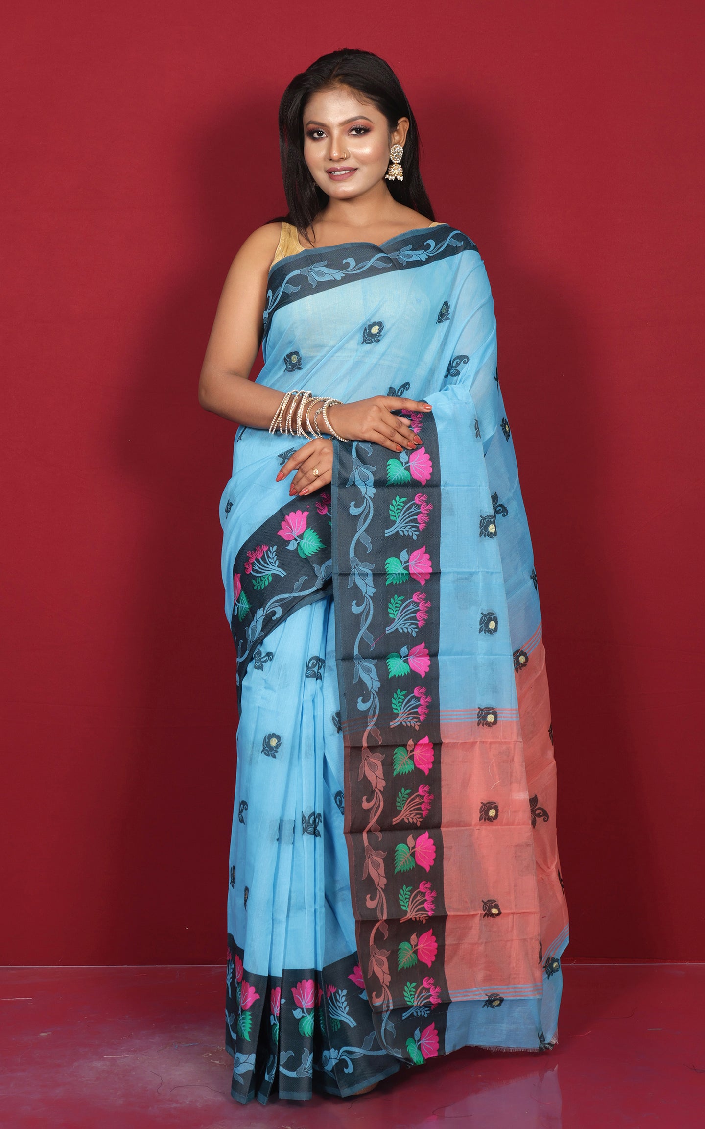 Bengal Handoom Soft Khadi Cotton SIlk Saree in Sky Blue, Black and Peach Orange