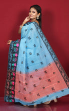 Bengal Handoom Soft Khadi Cotton SIlk Saree in Sky Blue, Black and Peach Orange