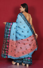 Bengal Handoom Soft Khadi Cotton SIlk Saree in Sky Blue, Black and Peach Orange