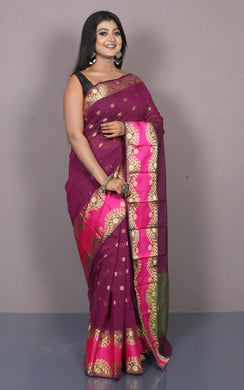 Bengal Handoom Soft Khadi Cotton SIlk Saree in Burgundy, Hot Pink and Matt Golden