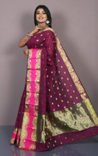 Bengal Handoom Soft Khadi Cotton SIlk Saree in Burgundy, Hot Pink and Matt Golden