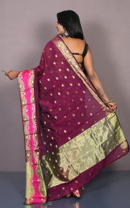 Bengal Handoom Soft Khadi Cotton SIlk Saree in Burgundy, Hot Pink and Matt Golden