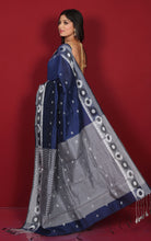 Bengal Handoom Soft Khadi Cotton SIlk Saree in Navy Blue and Off White