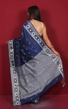 Bengal Handoom Soft Khadi Cotton SIlk Saree in Navy Blue and Off White