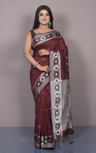 Bengal Handoom Soft Khadi Cotton SIlk Saree in Mahogany and Off White