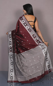 Bengal Handoom Soft Khadi Cotton SIlk Saree in Mahogany and Off White