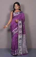 Bengal Handoom Soft Khadi Cotton SIlk Saree in Midnight Purple and Off White