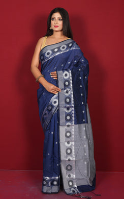 Bengal Handoom Soft Khadi Cotton SIlk Saree in Navy Blue and Off White