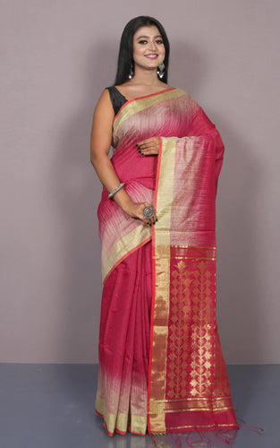 Handwoven Brush Kotki Khaddar Silk Saree with Traditional Rich Jamdani work Pallu in Cerise Pink, Beige and Golden