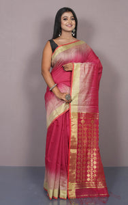 Handwoven Brush Kotki Khaddar Silk Saree with Traditional Rich Jamdani work Pallu in Cerise Pink, Beige and Golden