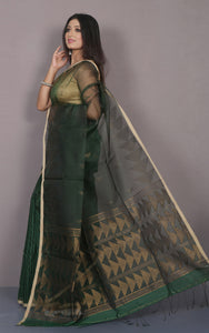 Half Matka and Half Resham Silk Saree with Jamdani Pallu in Lincoln Green, Beige and Antique Golden