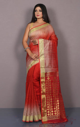 Handwoven Brush Kotki Khaddar Silk Saree with Traditional Rich Jamdani work Pallu in Bright Red, Beige and Golden