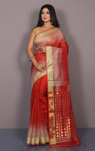 Handwoven Brush Kotki Khaddar Silk Saree with Traditional Rich Jamdani work Pallu in Bright Red, Beige and Golden