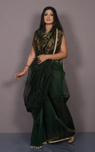 Half Matka and Half Resham Silk Saree with Jamdani Pallu in Lincoln Green, Beige and Antique Golden