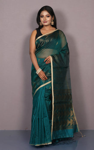 Half Matka and Half Resham Silk Saree with Jamdani Pallu in Dark Teal, Beige and Antique Golden