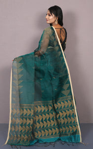 Half Matka and Half Resham Silk Saree with Jamdani Pallu in Dark Teal, Beige and Antique Golden