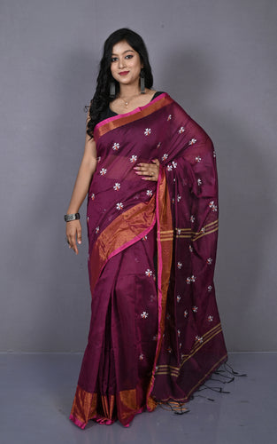 Embroidery Work Khadi Cotton SIlk Saree in Deep Magenta , White and Multicolored