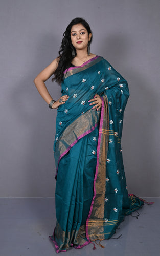 Embroidery Work Khadi Cotton SIlk Saree in Deep Rama Green , White and Multicolored